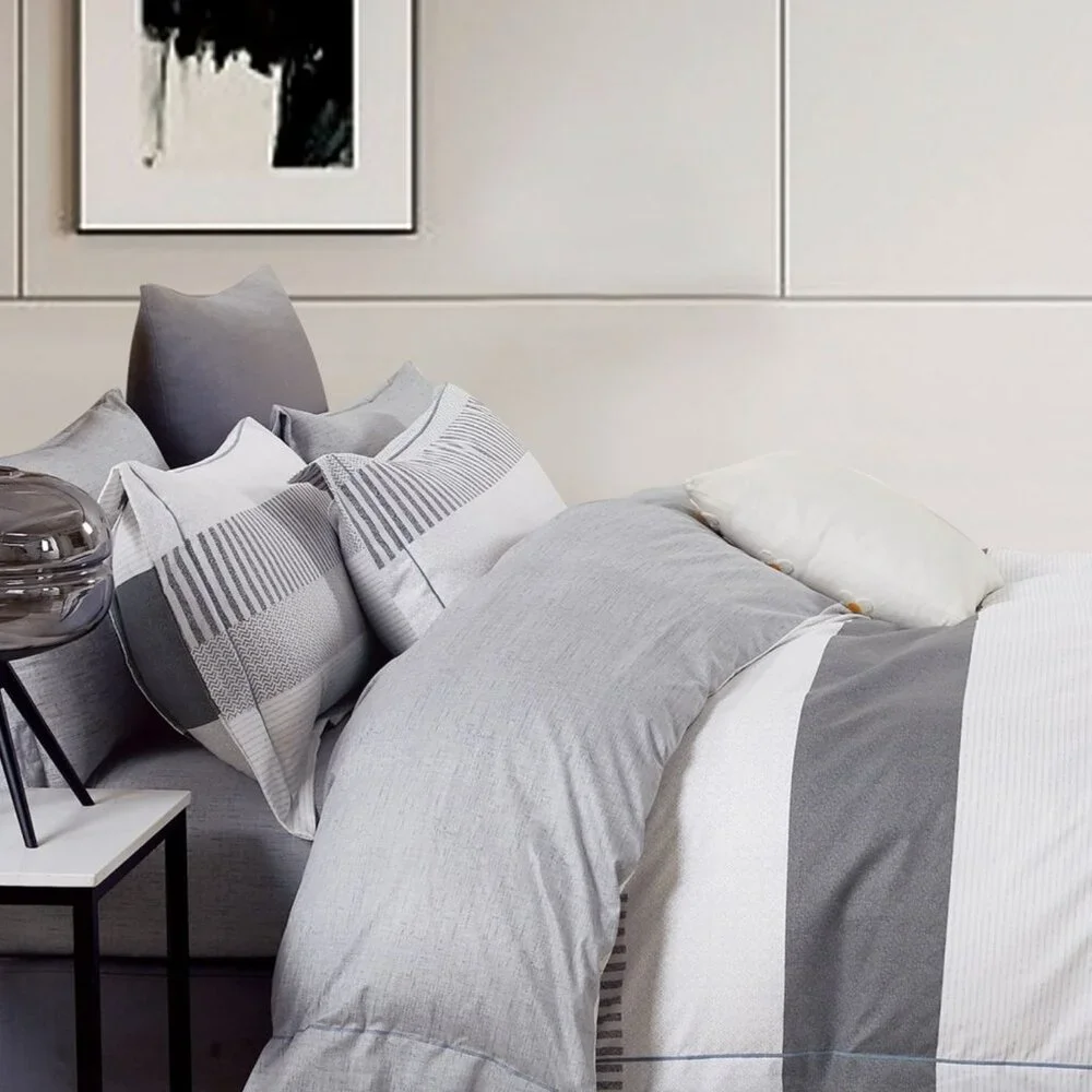 Reversible Comforter Set Gray White Striped‎ Modern Minimalist Contemporary